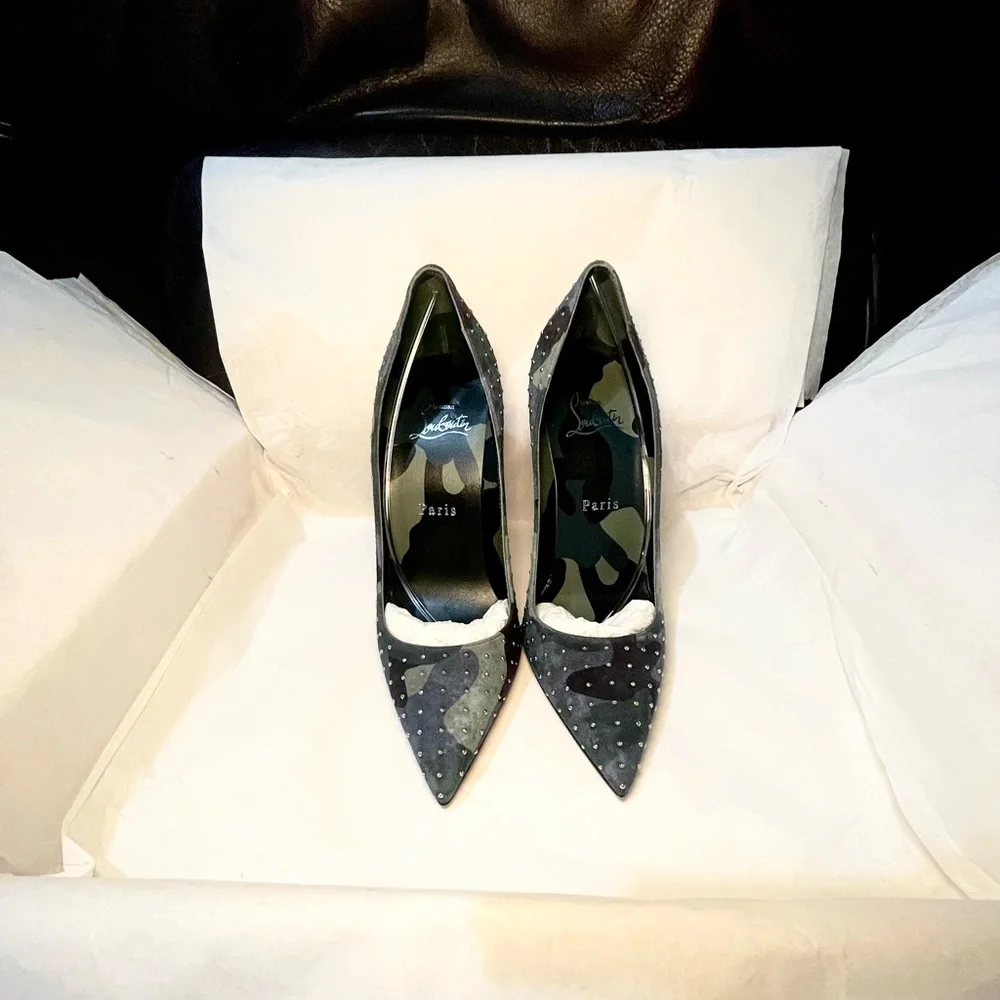 Christian Louboutin Kate 100 Studded blue green camouflage suede stiletto 38